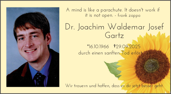 Traueranzeige von Joachim Waldemar Josef Gartz von trauer.wuppertaler-rundschau.de