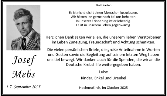 Traueranzeige von Josef Mebs von trauer.stadt-kurier.de
