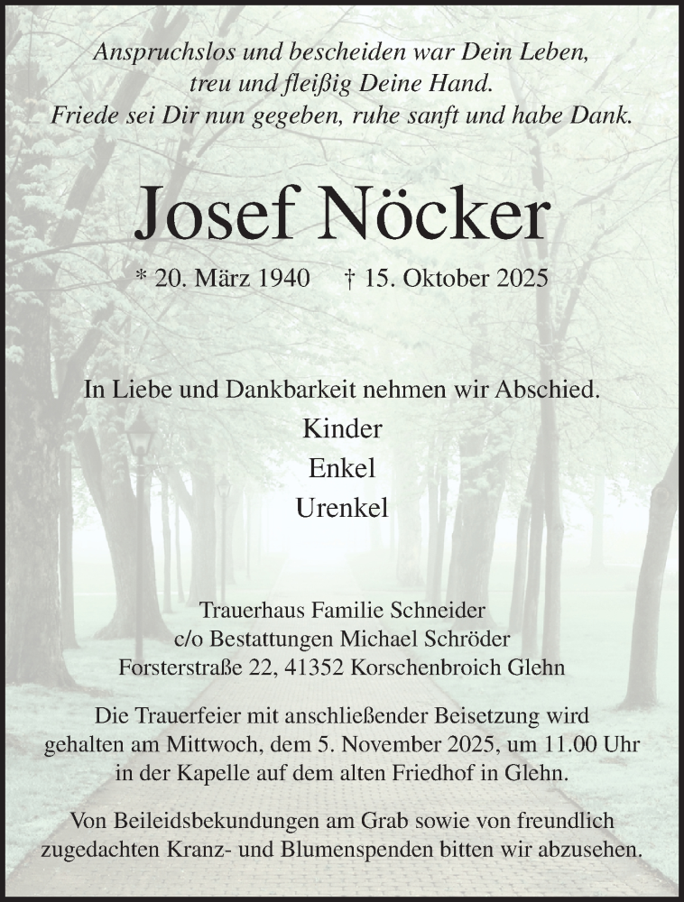  Traueranzeige für Josef Nöcker vom 26.10.2025 aus trauer.panorama-anzeigenblatt.de
