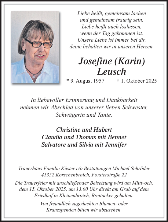 Traueranzeige von Josefine Leusch von trauer.panorama-anzeigenblatt.de