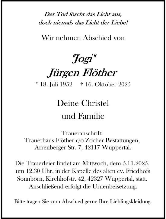 Traueranzeige von Jürgen Flöther von trauer.wuppertaler-rundschau.de