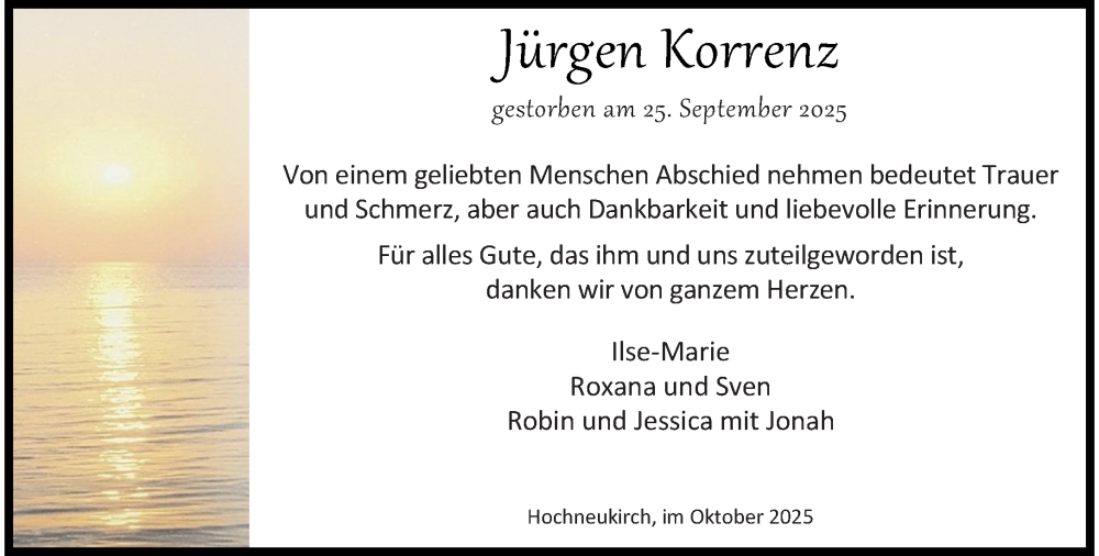  Traueranzeige für Jürgen Korrenz vom 25.10.2025 aus trauer.stadt-kurier.de