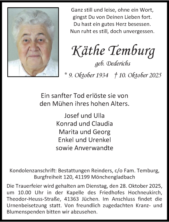 Traueranzeige von Käthe Temburg von trauer.stadt-kurier.de