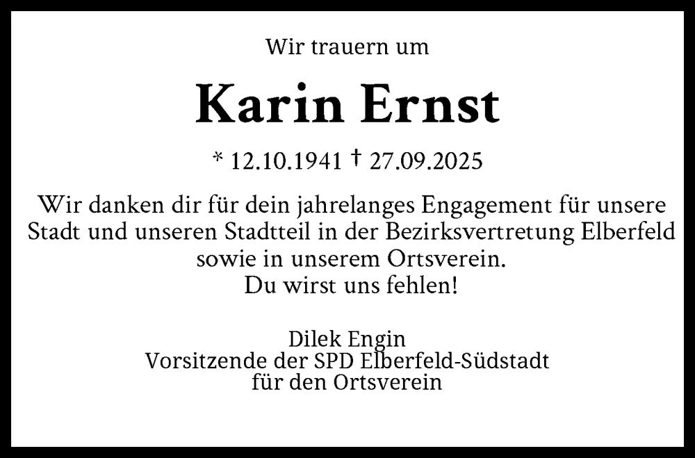  Traueranzeige für Karin Ernst vom 18.10.2025 aus trauer.wuppertaler-rundschau.de