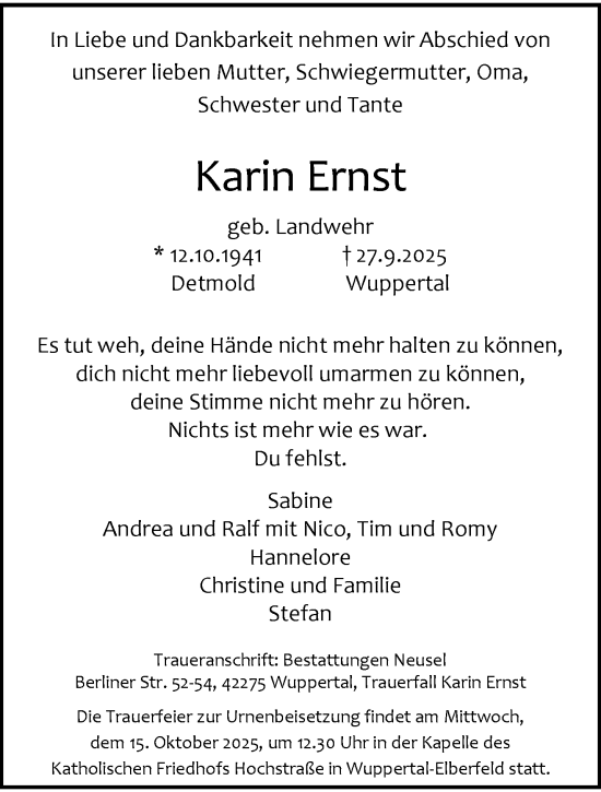 Traueranzeige von Karin Ernst von trauer.wuppertaler-rundschau.de
