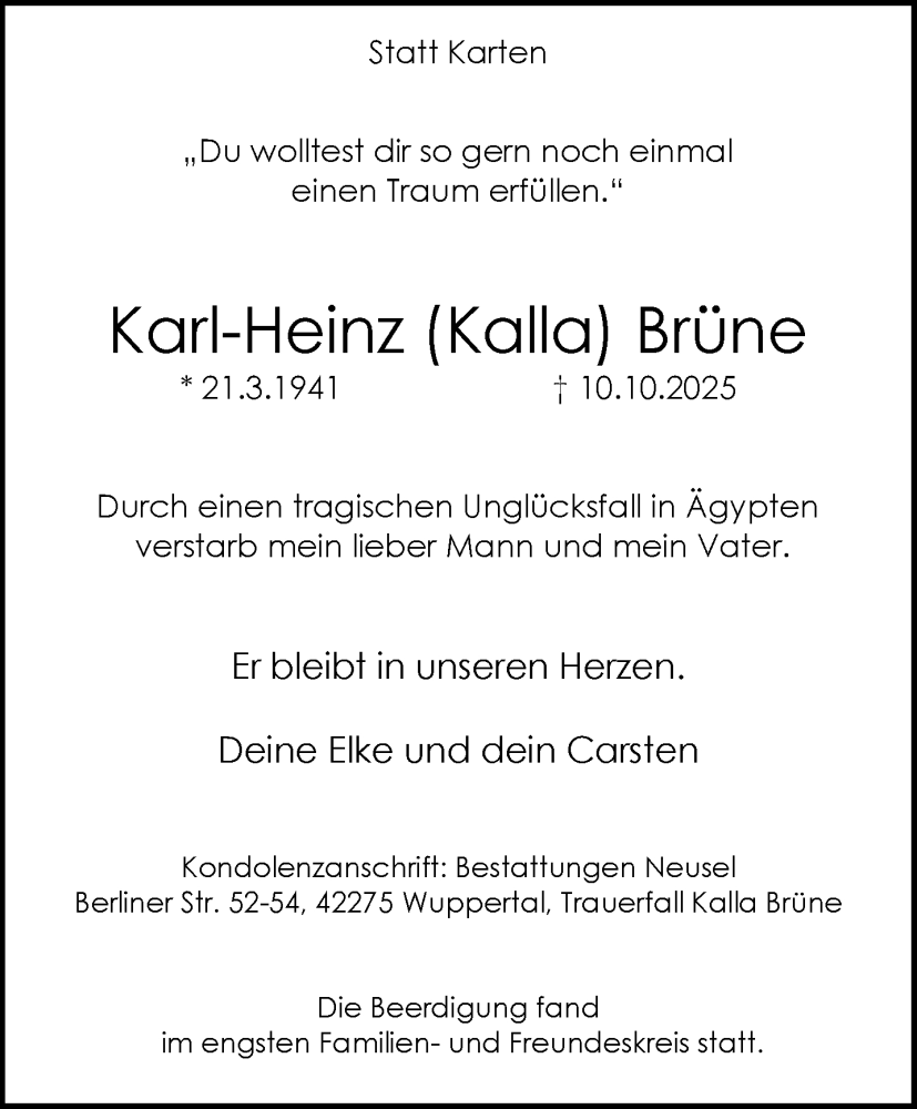  Traueranzeige für Karl-Heinz Brüne vom 01.11.2025 aus trauer.wuppertaler-rundschau.de