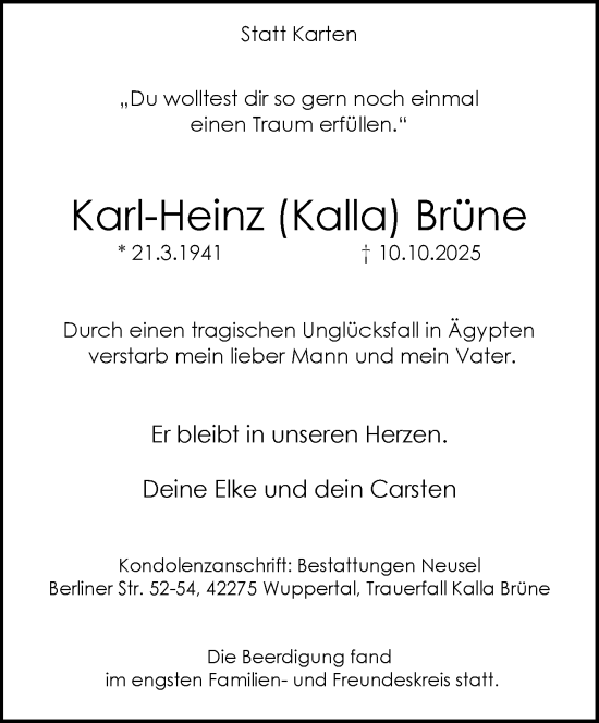 Traueranzeige von Karl-Heinz Brüne von trauer.wuppertaler-rundschau.de