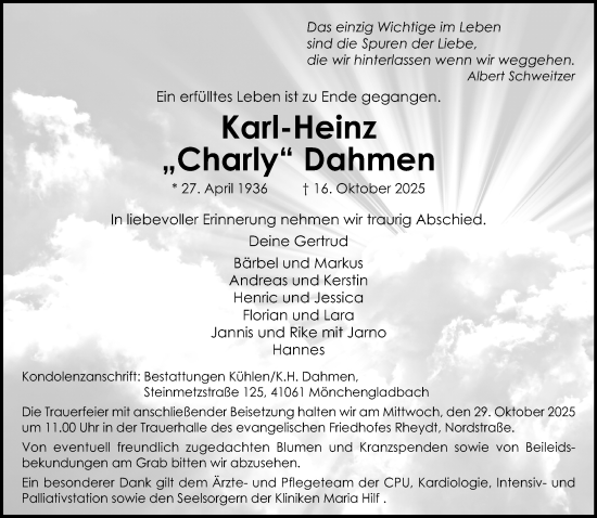Traueranzeige von Karl-Heinz Dahmen von trauer.panorama-anzeigenblatt.de