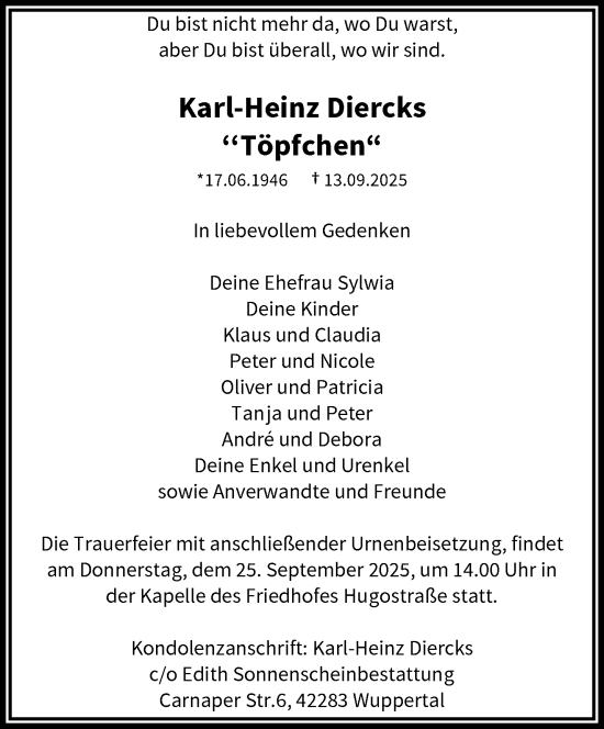 Traueranzeige von Karl-Heinz Diercks von trauer.wuppertaler-rundschau.de