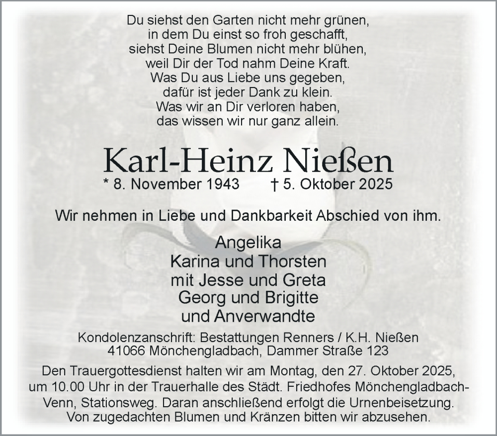  Traueranzeige für Karl-Heinz Nießen vom 19.10.2025 aus trauer.panorama-anzeigenblatt.de