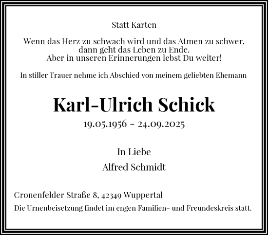 Traueranzeige von Karl-Ulrich Schick von trauer.wuppertaler-rundschau.de