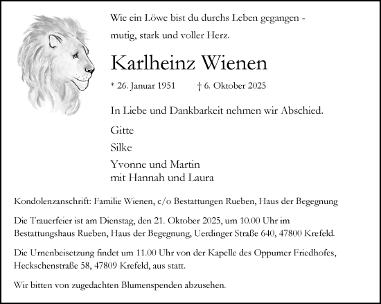 Traueranzeige von Karlheinz Wienen von trauer.panorama-anzeigenblatt.de