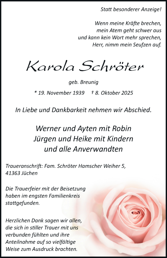 Traueranzeige von Karola Schröter von trauer.stadt-kurier.de