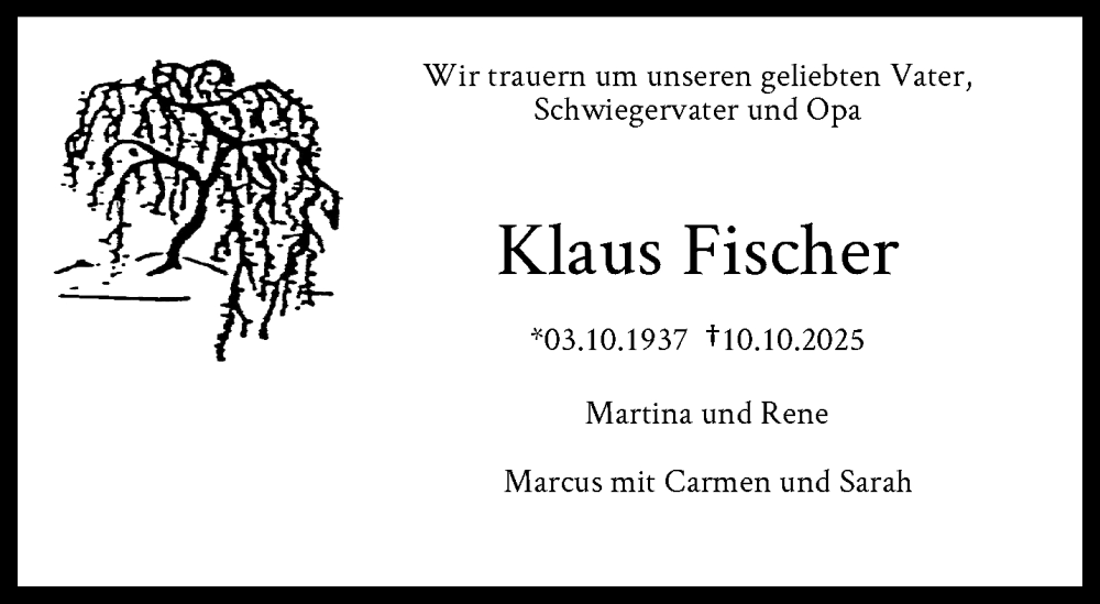  Traueranzeige für Klaus Fischer vom 18.10.2025 aus trauer.wuppertaler-rundschau.de