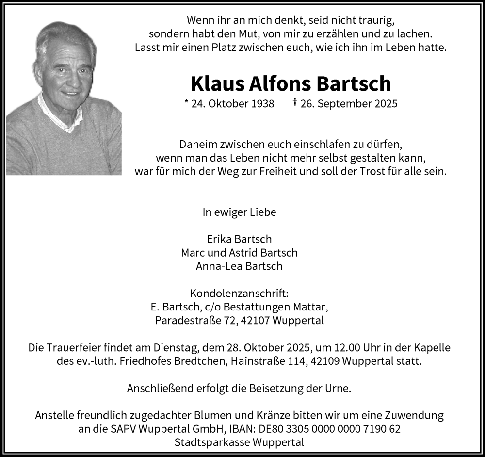  Traueranzeige für Klaus Alfons Bartsch vom 18.10.2025 aus trauer.wuppertaler-rundschau.de