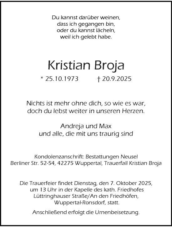Traueranzeige von Kristian Broja von trauer.wuppertaler-rundschau.de