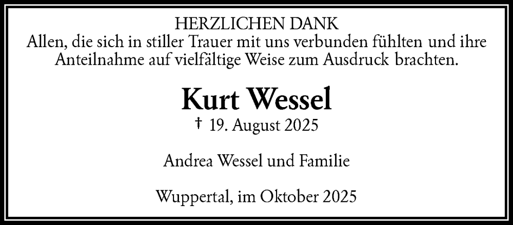  Traueranzeige für Kurt Wessel vom 25.10.2025 aus trauer.wuppertaler-rundschau.de