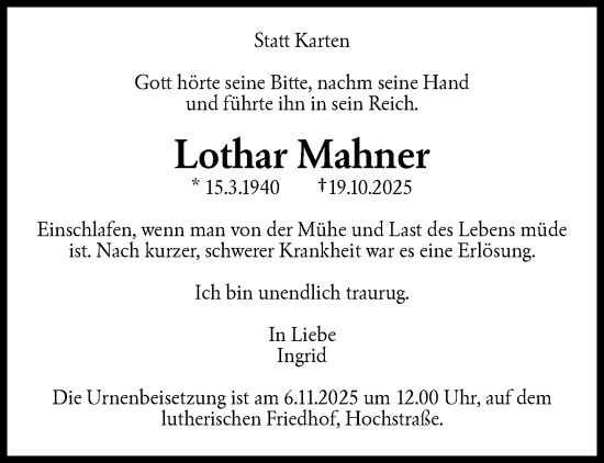 Traueranzeige von Lothar Mahner von trauer.wuppertaler-rundschau.de