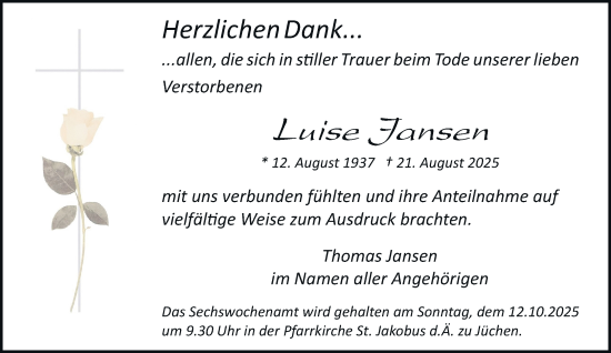 Traueranzeige von Luise Jansen von trauer.stadt-kurier.de