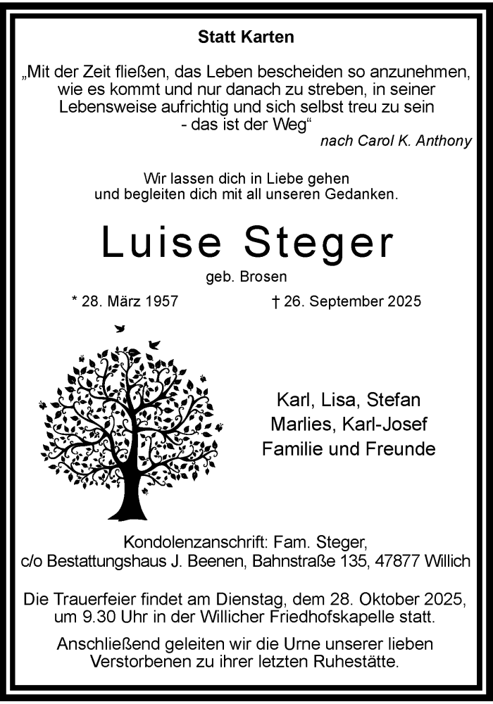  Traueranzeige für Luise Steger vom 19.10.2025 aus trauer.panorama-anzeigenblatt.de