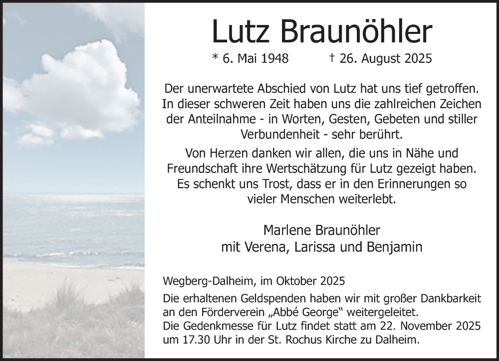  Traueranzeige für Lutz Braunöhler vom 19.10.2025 aus trauer.panorama-anzeigenblatt.de