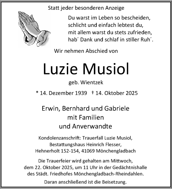 Traueranzeige von Luzie Musiol von trauer.panorama-anzeigenblatt.de