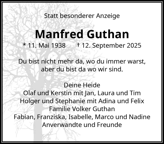 Traueranzeige von Manfred Guthan von trauer.wuppertaler-rundschau.de