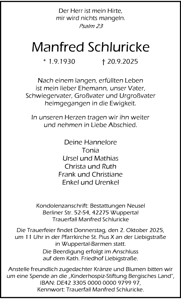  Traueranzeige für Manfred Schluricke vom 27.09.2025 aus trauer.wuppertaler-rundschau.de