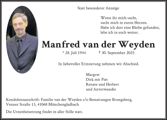 Traueranzeige von Manfred van der Weyden von trauer.panorama-anzeigenblatt.de