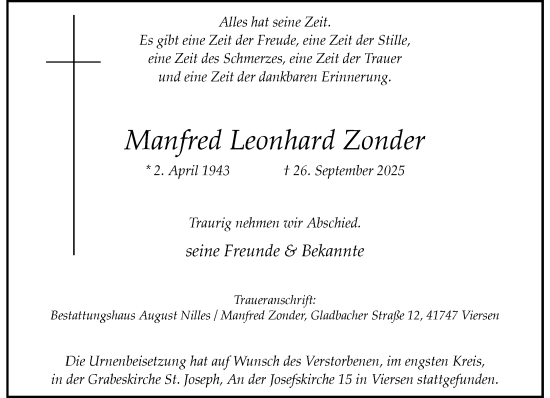 Traueranzeige von Manfred Leonhard Zonder von trauer.panorama-anzeigenblatt.de