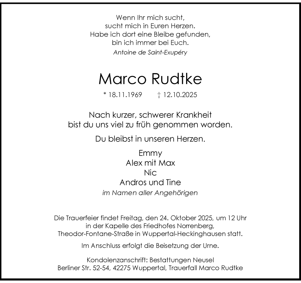  Traueranzeige für Marco Rudtke vom 18.10.2025 aus trauer.wuppertaler-rundschau.de