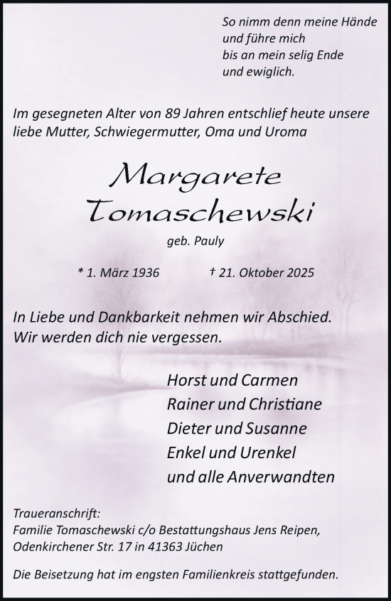 Traueranzeige von Margarate Tomaschewski von trauer.stadt-kurier.de