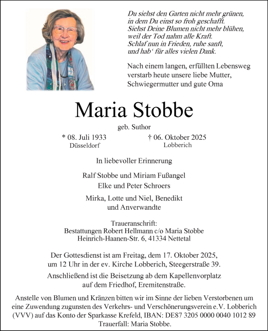 Traueranzeige von Maria Stobbe von trauer.panorama-anzeigenblatt.de
