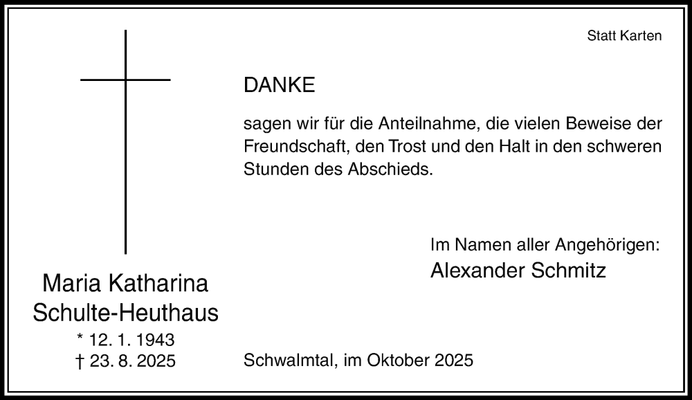  Traueranzeige für Maria Katharina Schulte-Heuthaus vom 12.10.2025 aus trauer.panorama-anzeigenblatt.de
