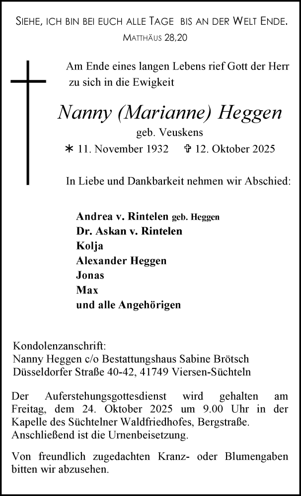  Traueranzeige für Marianne Heggen vom 19.10.2025 aus trauer.panorama-anzeigenblatt.de
