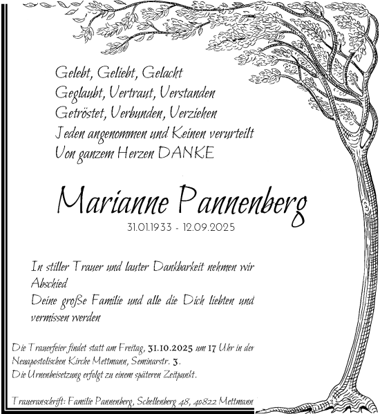 Traueranzeige von Marianne Pannenberg von trauer.panorama-anzeigenblatt.de