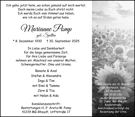 Traueranzeige von Marianne Pomp von trauer.panorama-anzeigenblatt.de