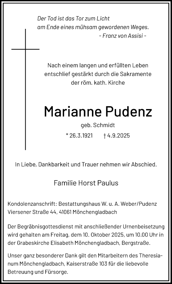 Traueranzeige von Marianne Pudenz von trauer.panorama-anzeigenblatt.de