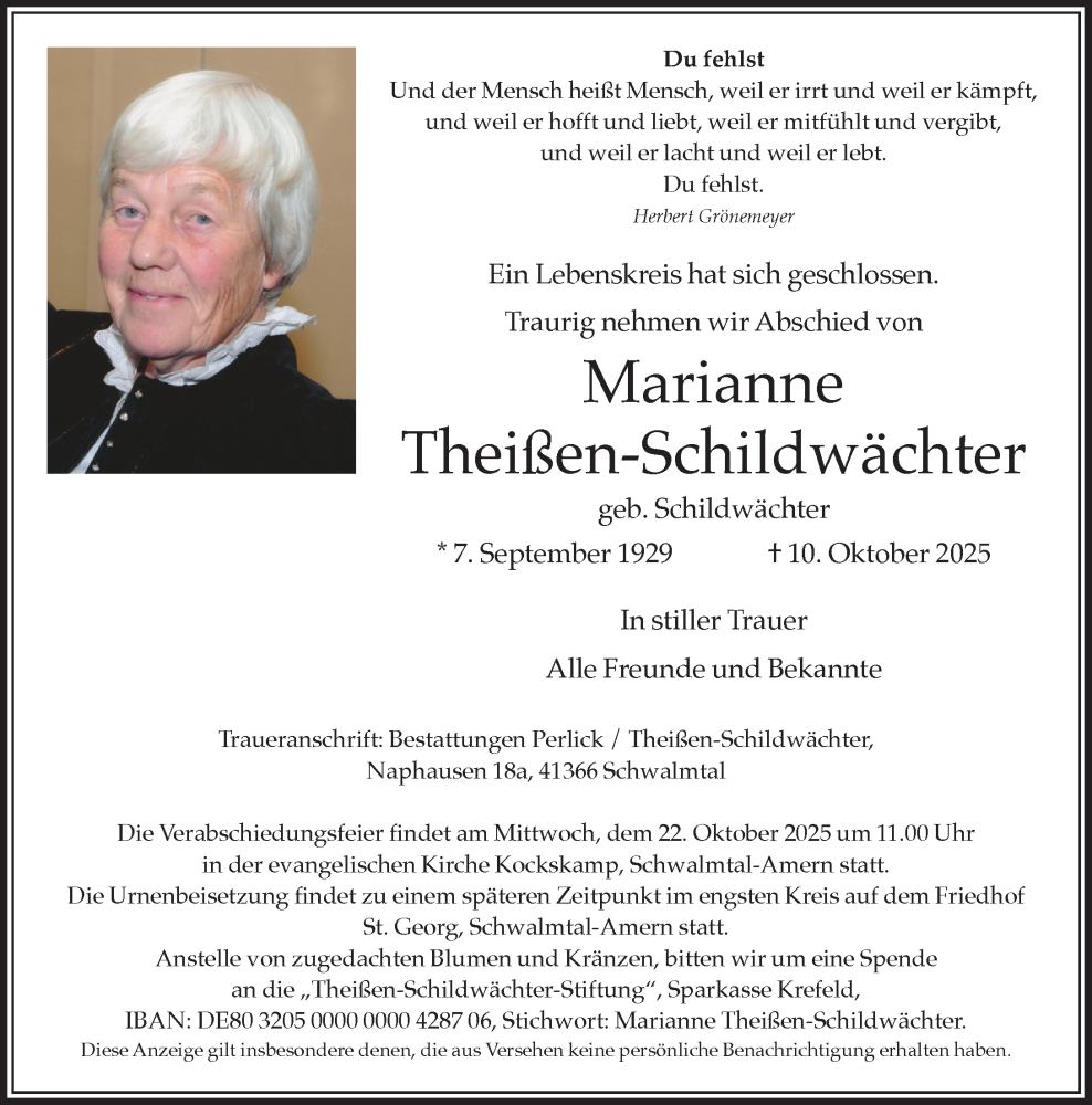  Traueranzeige für Marianne Theißen-Schildwächter vom 19.10.2025 aus trauer.panorama-anzeigenblatt.de