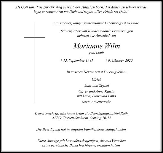 Traueranzeige von Marianne Wilm von trauer.panorama-anzeigenblatt.de