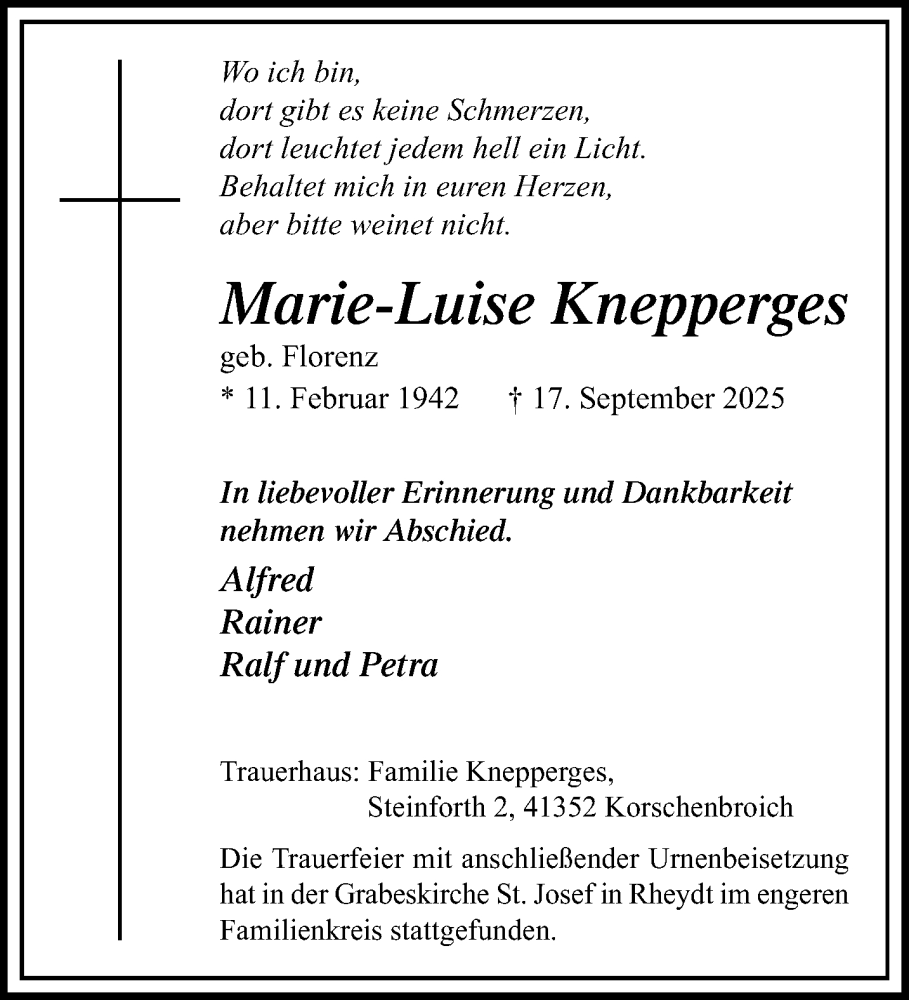  Traueranzeige für Marie-Luise Knepperges vom 26.10.2025 aus trauer.panorama-anzeigenblatt.de