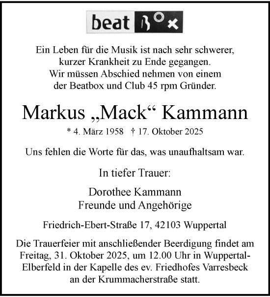 Traueranzeige von Markus Kammann von trauer.wuppertaler-rundschau.de