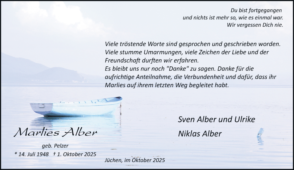  Traueranzeige für Marlies Alber vom 01.11.2025 aus trauer.stadt-kurier.de