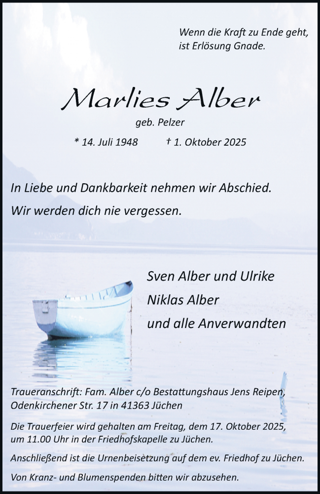  Traueranzeige für Marlies Alber vom 11.10.2025 aus trauer.stadt-kurier.de