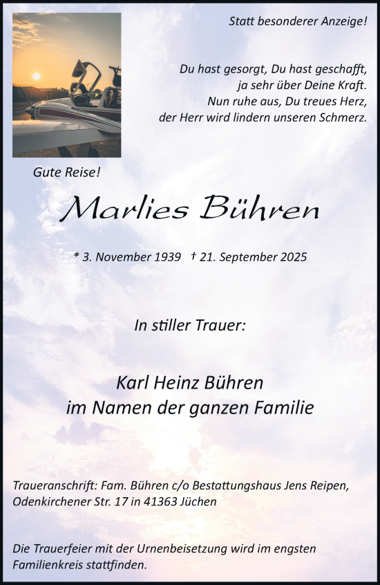 Traueranzeige von Marlies Bühren von trauer.stadt-kurier.de