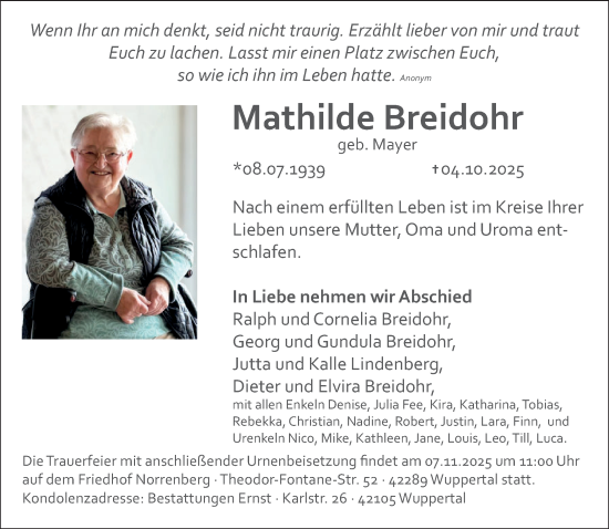 Traueranzeige von Mathilde Breidohr von trauer.wuppertaler-rundschau.de