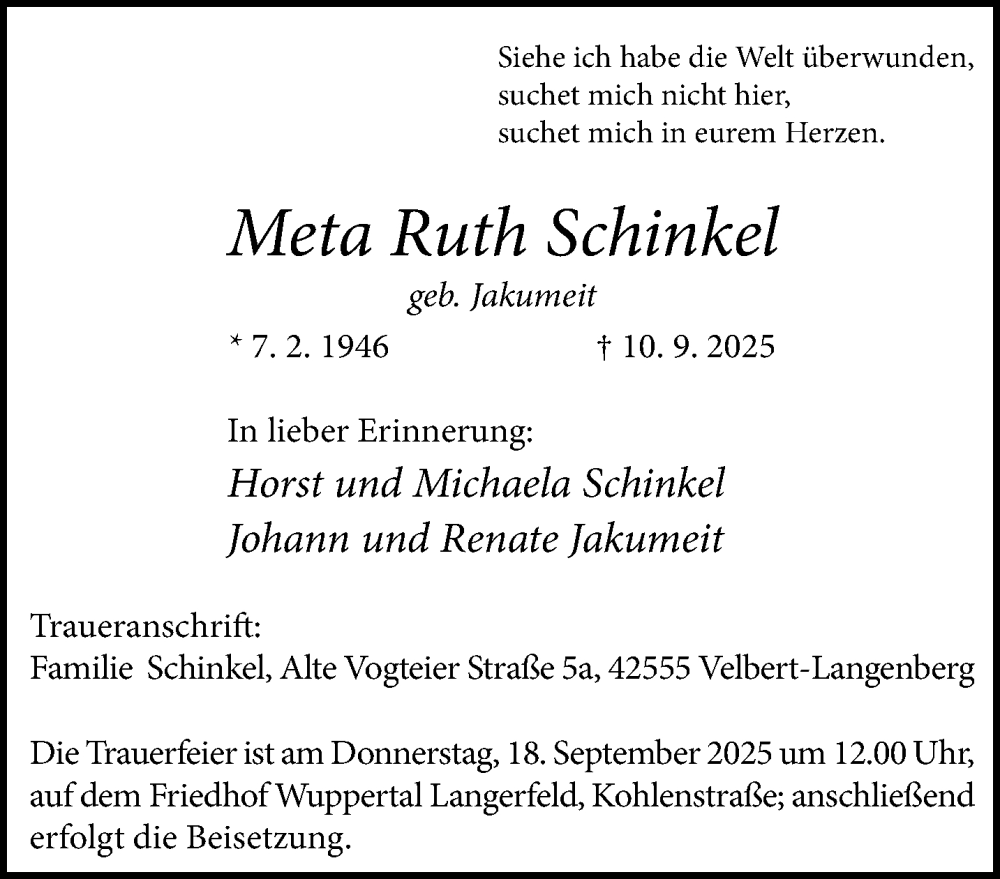 Traueranzeige für Meta Ruth Schinkel vom 13.09.2025 aus trauer.wuppertaler-rundschau.de