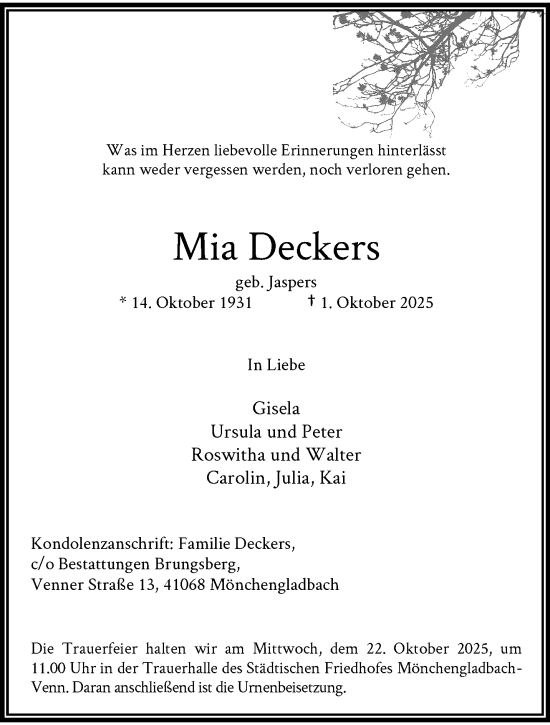Traueranzeige von Mia Deckers von trauer.panorama-anzeigenblatt.de
