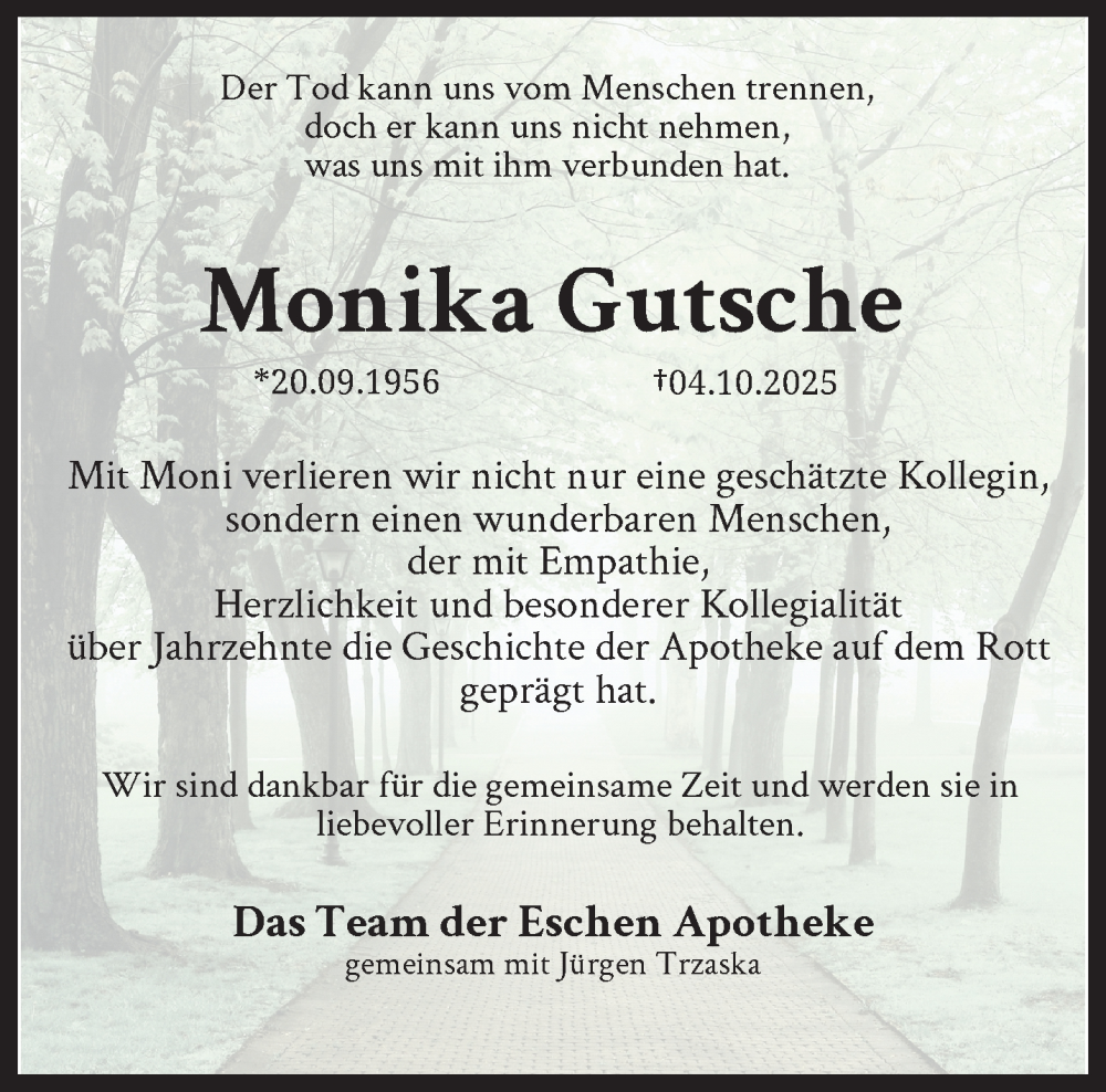  Traueranzeige für Monika Gutsche vom 18.10.2025 aus trauer.wuppertaler-rundschau.de