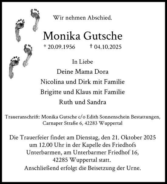 Traueranzeige von Monika Gutsche von trauer.wuppertaler-rundschau.de